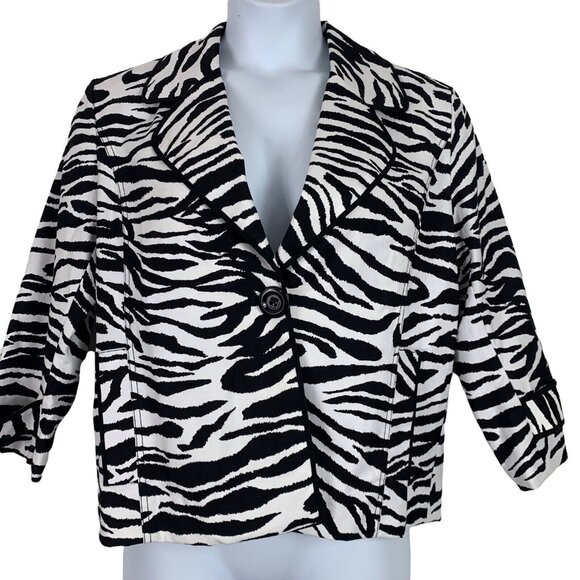 Chicos 2 Jacket Animal Print Single Button Front Black White Collared Pockets - Picture 1 of 5